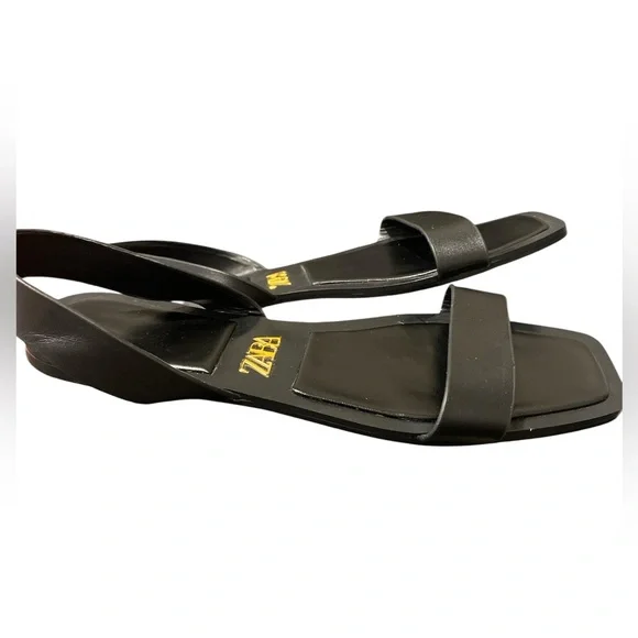 ZARA Black Leather Flat Sandals Size 38 Square Toe Minimalist Slingback - Picture 2 of 5